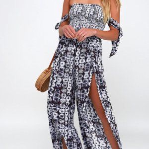 The Lost + Wander Violeta Purple Print Off-the-Shoulder Jumpsui